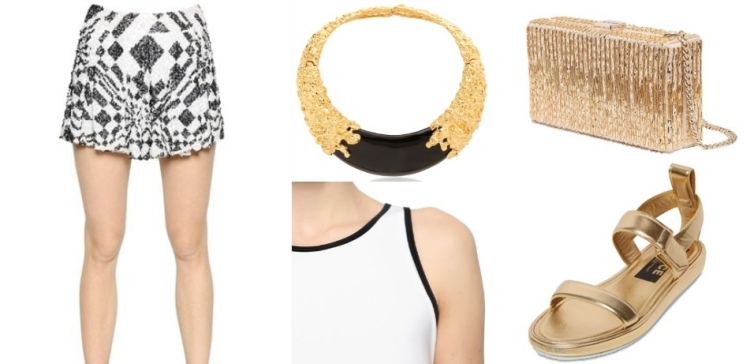 mode-été-2015-sandales-or-collier-jupe-top-pochette-or mode été 2015