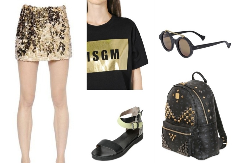 mode-été-2015-sandales-sac-dos-jupe-pailletée-t-shirt-noir-or