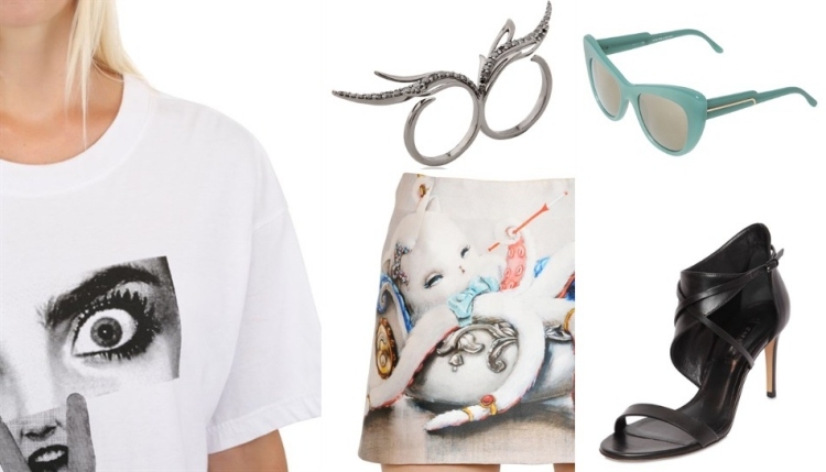 mode-été-2015mode-été-2015-t-shirt-blanc-mini-jupe-bague-lunettes-papillon