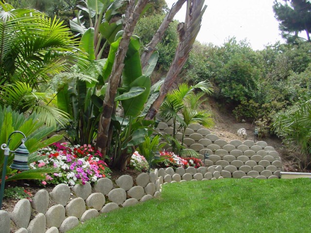 mur-anti-bruit-jardin-pente-mur-soutènement-banane-palmiers mur anti-bruit