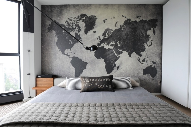 peinture-murale chambre grise carte-monde-deco