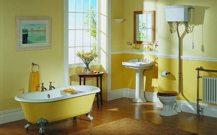 peinture-salle-bain-jaune-baignoire-sabot-sol-imitation-bois
