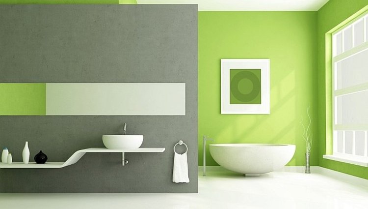 peinture-salle-bain-vert-clair-gris-taupe-baignoire-vasque