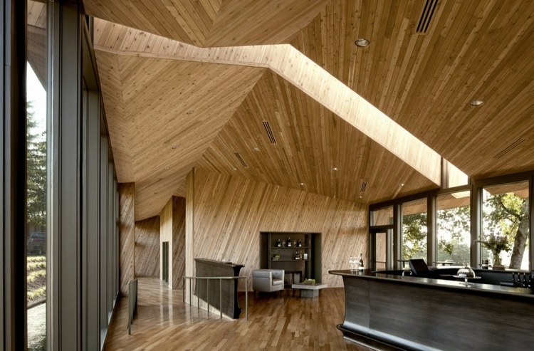 plafond design -bois-design-facette-spots-led-encastres