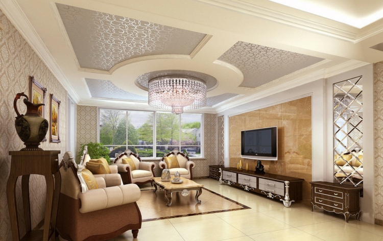 plafond-suspendu-decoratif-salon-classique-motifs-spirales-lustre-cristaux