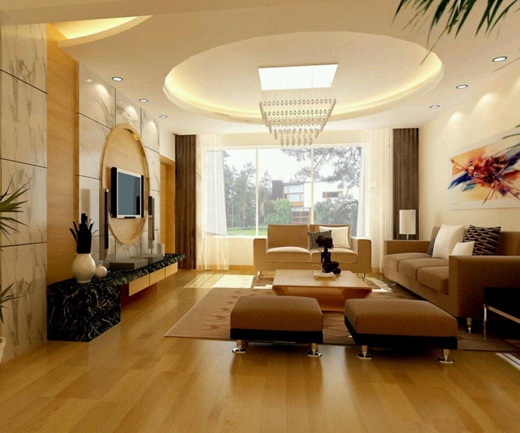 plafond-suspendu-decoratif-salon-corniche-cercle-lustre-cristaux-mobilier-marron