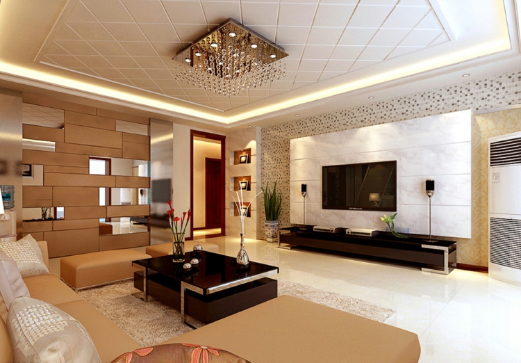 plafond-suspendu-decoratif-salon-corniche-led-plafonnier-mosaique-meuble-tv