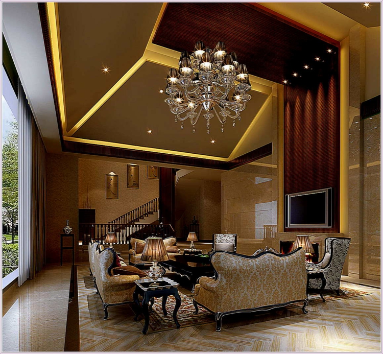 plafond-suspendu-decoratif-salon-marron-spots-éclairage-indirect-lustre-mobiier-classique
