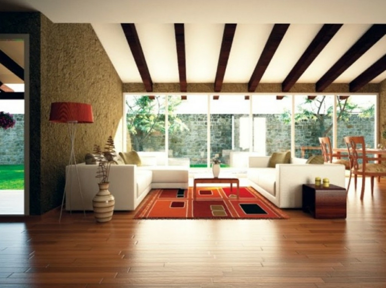 plafond-suspendu-decoratif-salon-poutres-tapis-rouge-orange plafond suspendu