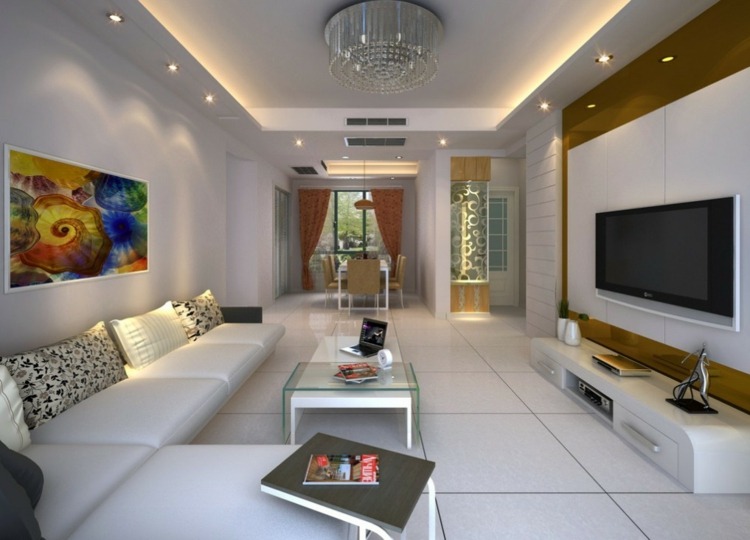 Plafond suspendu et plafond tendu dans le salon qui brille avec un ... Spots Créatif plafond