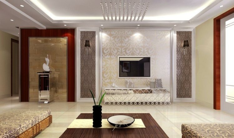 plafond-suspendu-decoratif-salon-éclairage-indirect-blanc-spos-lustre-appliques-murales