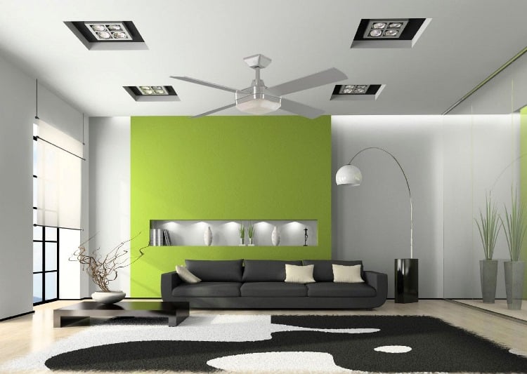 plafond-tendu-décratif-salon-blanc-vert-ventilateur-tapis-noir-blanc