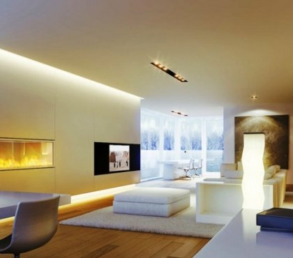 salon-moderne-corniches-sol-plafond-éclairage-LED-lampadaire-spots