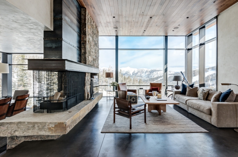 salon-moderne-plafond-meubles-bois-cheminée-pierre-métal