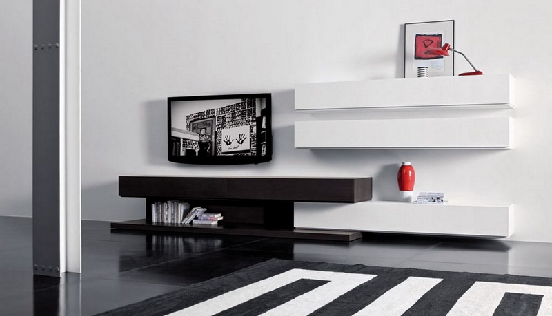support-tv-mural-meuble-noir-blanc-moderne-tapis-salon-assorti