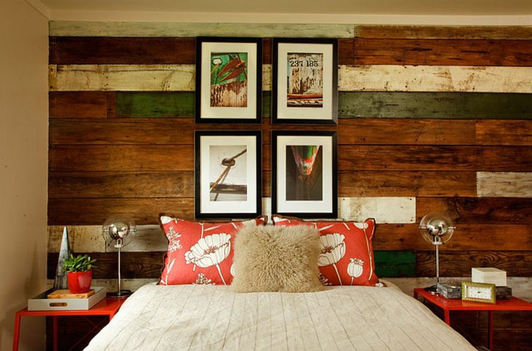 tendances été 2015 chambre-coucher-coussins-motifs-floraux-revetement-mural-bois-grand-lit