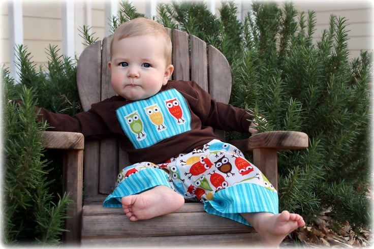 vetements-bebe-garcon-ensemble-blouse-pantalon-marron-bleu-imprimé-hibou