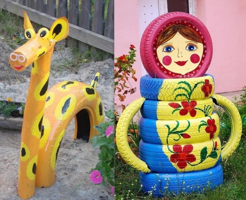 DIY-déco-jardin-pneus-voiture-forme-girafe-poupée-russe-colorées