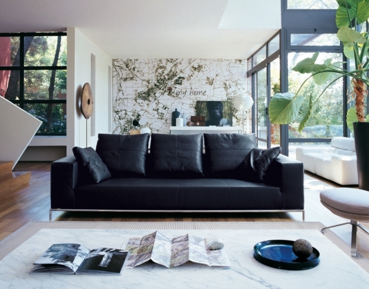 ameublement-salon-canapé-cuir-noir-déco-murale-table-basse-marbre