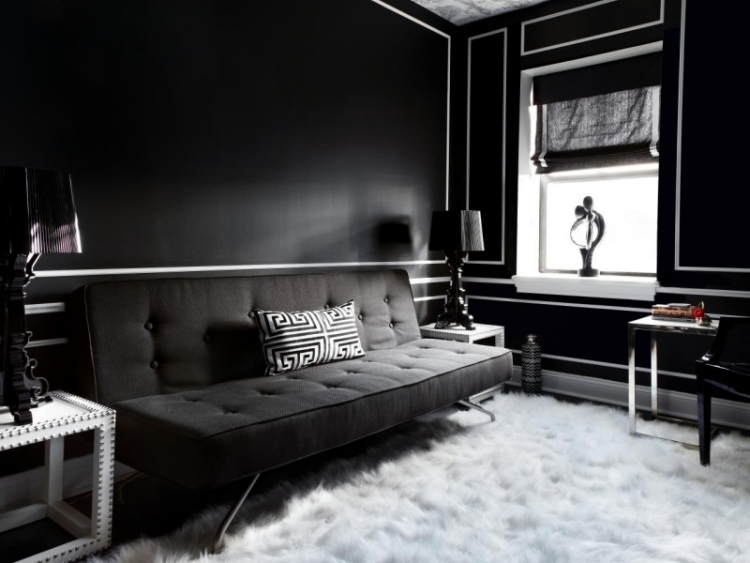 ameublement-salon-peinture-murale-noire-canapé-lampes-noir-tapis-shaggy-blanc ameublement salon