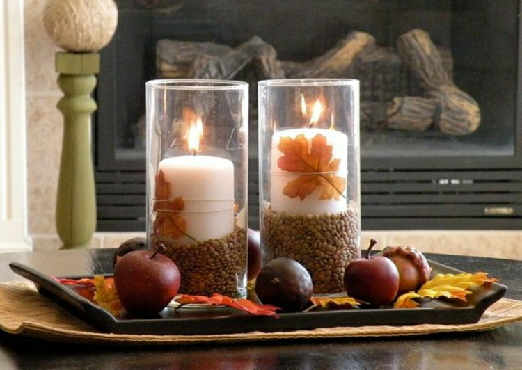 bricolage-automne-bougies-feuilles-automnales-lentilles-pommes-rouges bricolage automne