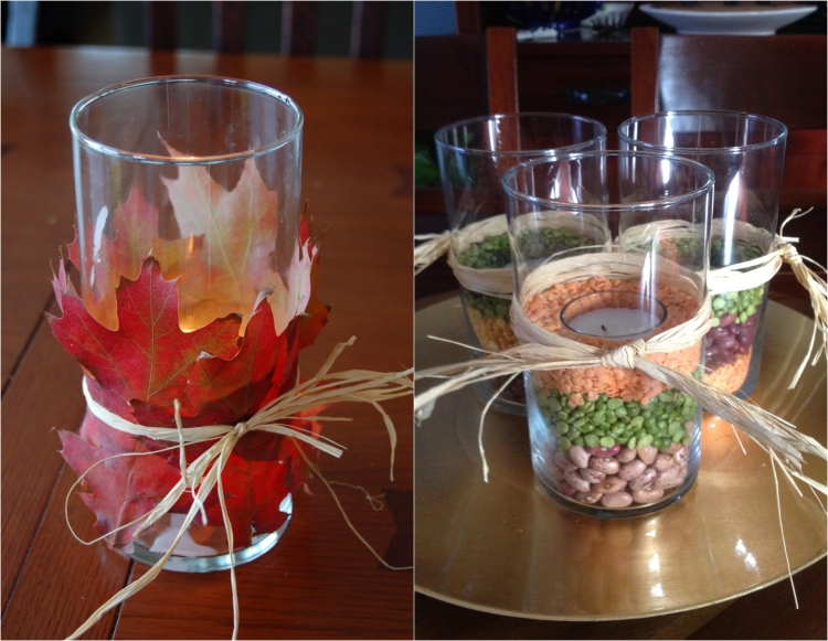 bricolage-automne-vases-bougies-chauffe-plat-feuilles-atomnales-raphia-haricots
