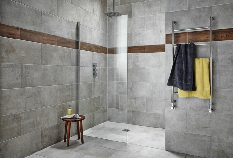 carrelage-gris-mural-sol-salle-bains-douche-italienne-paroi-verre-tabouret-bois carrelage gris