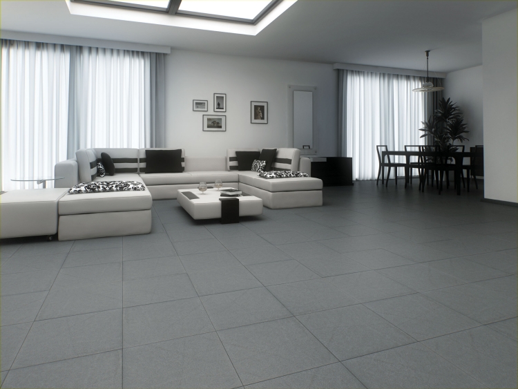 carrelage gris salon moderne canap%C3%A9 angle blanc plafond