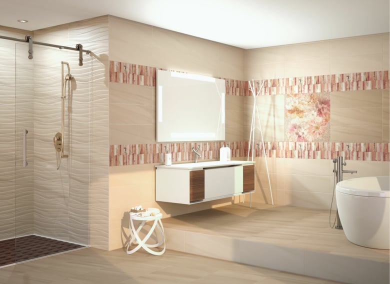 carrelage-moderne-beige-cair-frises-3d-roses-salle-bains-douche-italienne