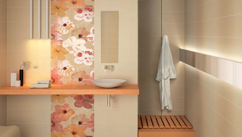 carrelage-moderne-beige-clair-motifs-hibiscus-rose-blanc-orange-clair-salle-bains