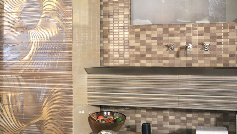 carrelage-moderne-mosaique-relief-rayures-marron-or-salle-bains carrelage moderne