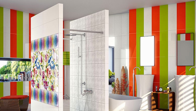 carrelage-moderne-mural-blanc-rayures-vert-rouge-salle-bains carrelage moderne