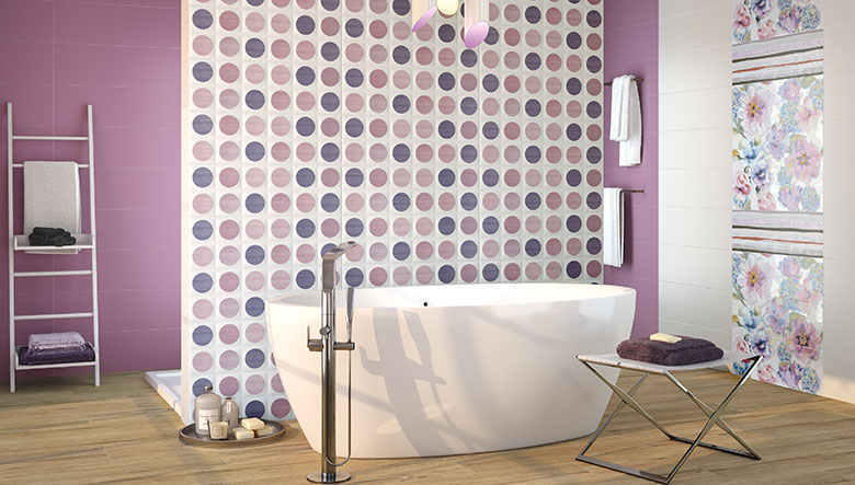 carrelage-moderne-mural-lilas-blanc-pois-rose-pourpre-sanitaire-blanc-salle-bains carrelage moderne