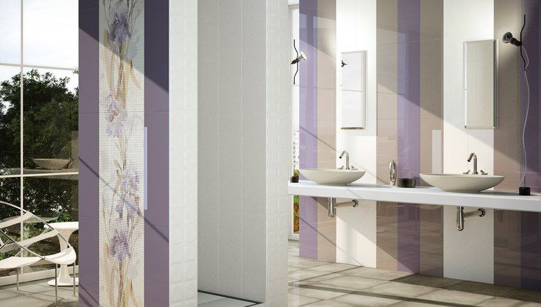 carrelage-moderne-mural-lilas-mosaique-blanche-motifs-floraux-vasques-blanches-salle-bains