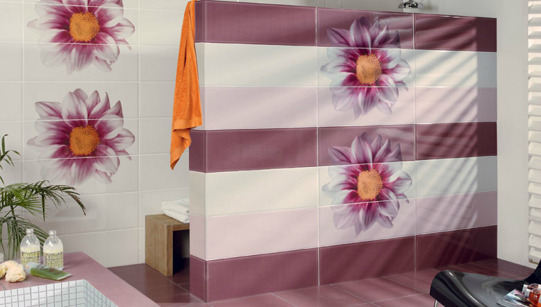 carrelage-moderne-mural-sol-pourpre-blanc-motifs-floraux-salle-bains1 carrelage moderne