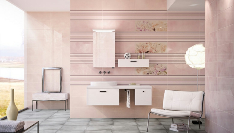 carrelage-moderne-rose-cendré-raures-motifs-floraux-salle-bains-claire carrelage moderne