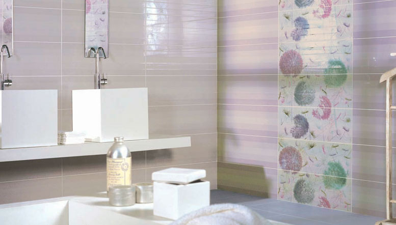 carrelage-moderne-rose-pâle-motifs-pissenlits-multicolores-salle-bains carrelage moderne