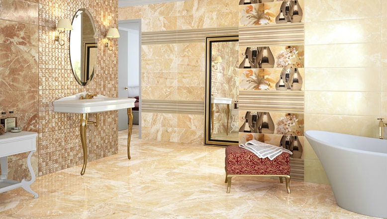 carrelage-moderne-sable-mosaique-or-salle-bains-luxe-sanitaire-blanc carrelage moderne
