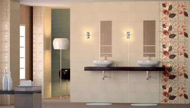 carrelage-moderne-salle-bains-carreaux-beige-clair-marron-mosaique-motifs-flroaux carrelage moderne