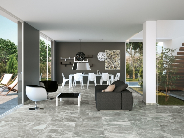 carrelage-moderne-sol-aspect-marbre-gris-salle-séjour-canapé-noir carrelage moderne