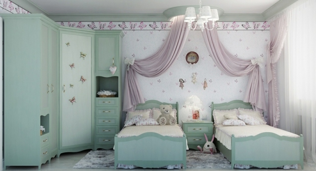 chambre-2-filles-verte-blanche-décorée-ancienne