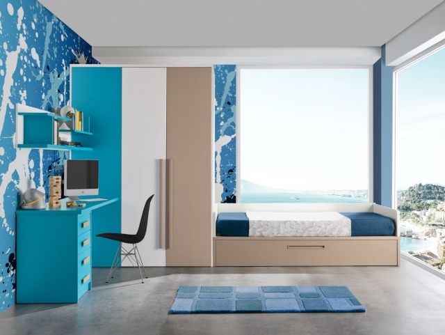chambre-enfant-bureau-peinture-turquoise-lit-tiroir-armoire-rangement