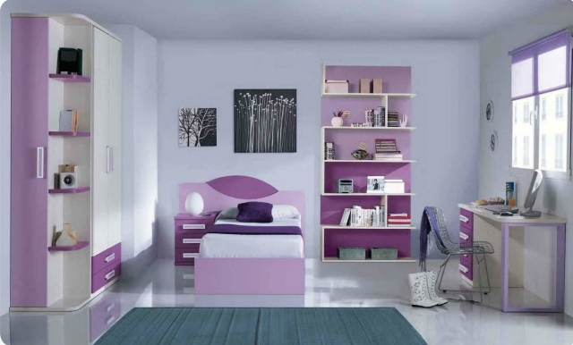 chambre-enfant-lit-etageres-murale-bureau-chaise-metal-tapis-table-chevet