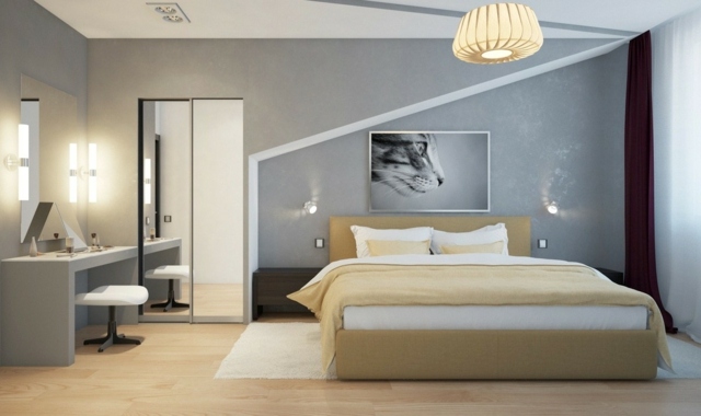 chambre-fille-ado-grise-beige-grand-lit-décoration-sobre