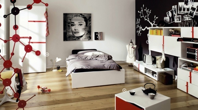 chambre-fille-ado-moderne-noir-blanc-accents-rouges