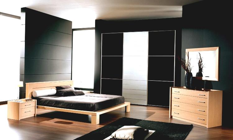 chambre-moderne-lit-bas-bois-clair-commode-peinture-noire