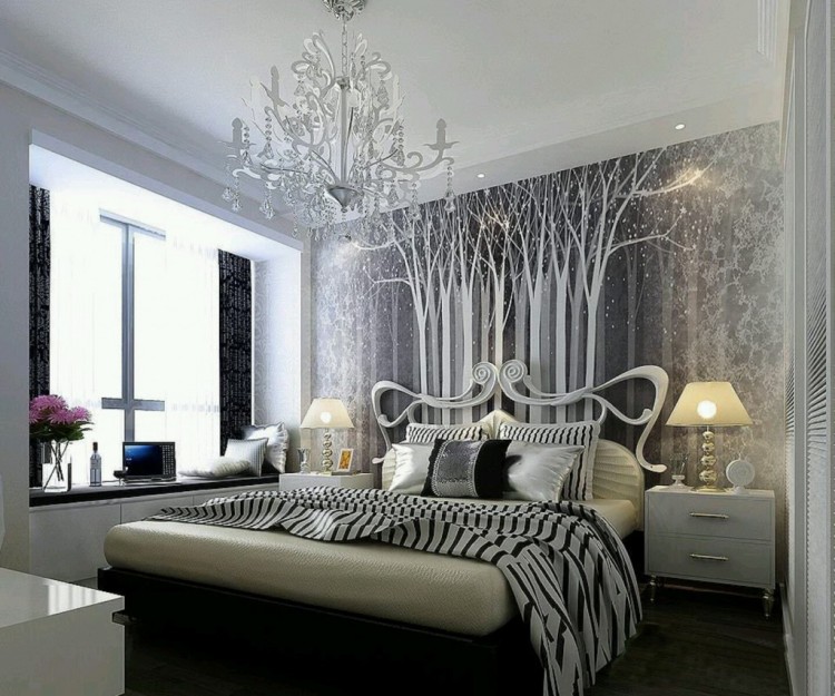 chambre-moderne-lit-design-métal-lustre-cristal-chevet-blanc-neige