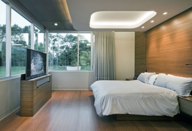 chambre-moderne sol mur bois plafaond lumineux spots