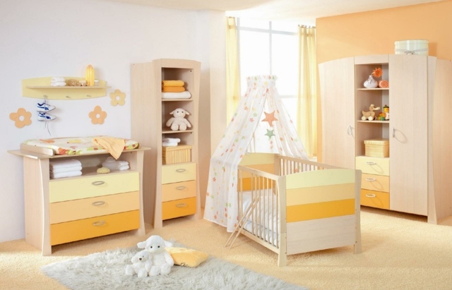 chambre-petite-fille-complète-mobilier-jaune-beige-orange-pastel