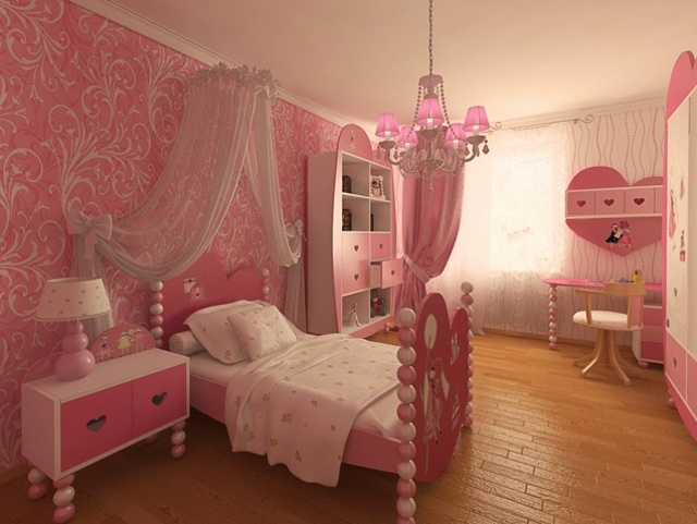 chambre-petite-fille-rose-papier-peint-arabesques-lit-lustre